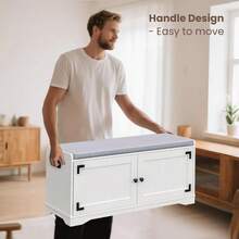 2-Tier Shoe Storage Bench, 39.4" W Shoe Bench With Padded Seat Cushion, Entryway Bench With Handles, 2 Doors, Adjustable Shelf For Living Room, Bedroom, Front Door, Hallway, Closet - White - White - View 3
