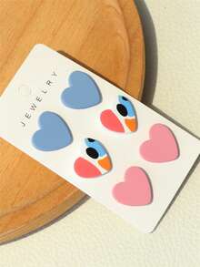 3 Pairs Romantic Cute Heart Shaped Acrylic Earrings With Girl Blue & Pink Printed Pattern, Ceramic Texture - Multicolor - View 2