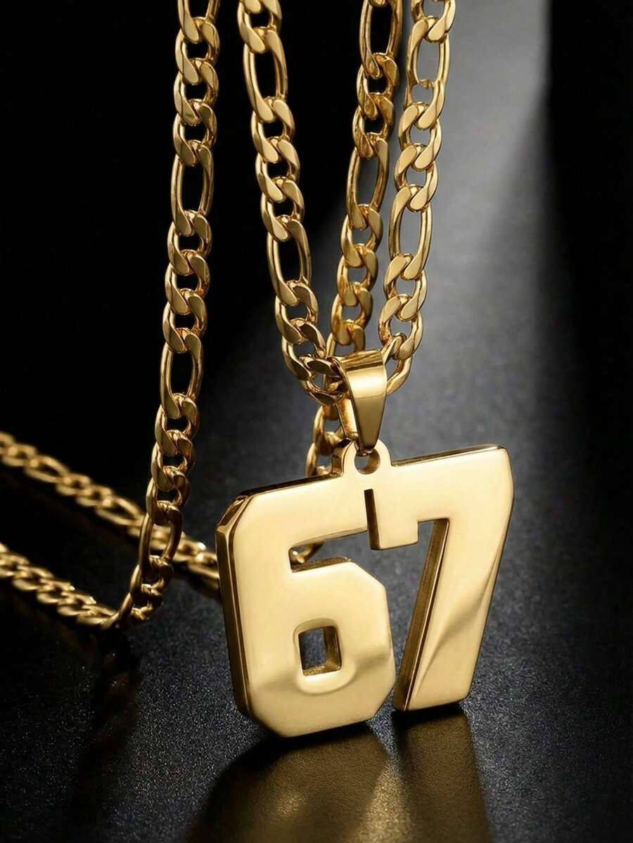 1pc European & American Punk Hip Hop Baseball Football Arabic Number 67 Pendant Necklace, Exaggerated Sweater Chain Gold Necklace, Suitable For Boys, Girls, Children, Football Fans, Fashion Sports Street Outdoor Party Back To School Daily Wear Accessory - 彩色 - 查看 1
