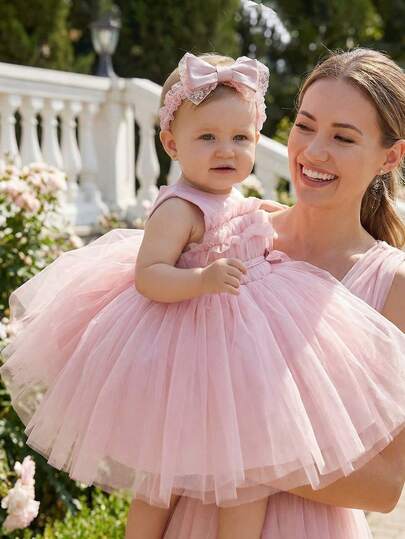 Baby Girl Sweet & Cute Sleeveless A-Line Princess Dress, Pink Bow Pleated Mesh Patchwork, Suitable For Home, Casual Wear, Outings, Travel, Birthday, Party, Photo Shoot, With Headband