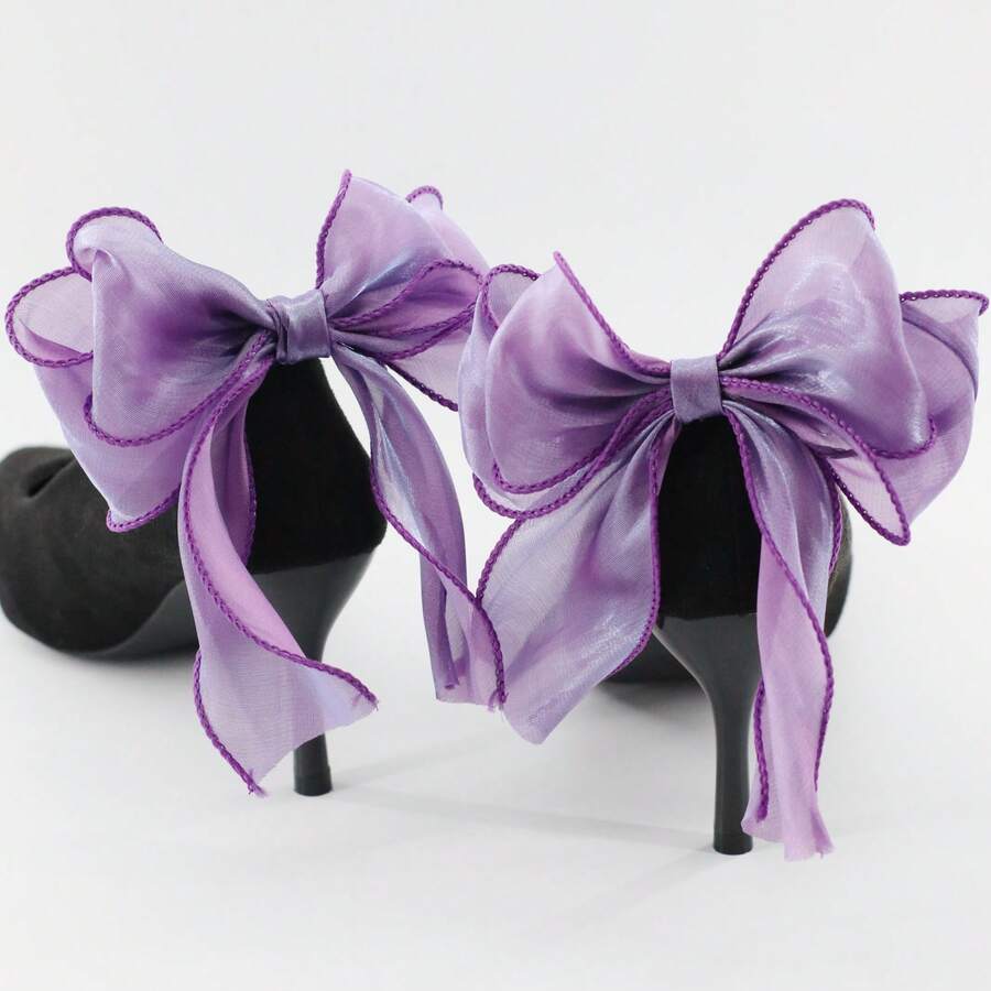 2个极简奢华布艺闪光鱼尾仙女蝴蝶结可拆卸鞋夹 - 紫色 - 查看 1