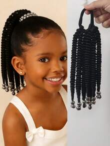 1Pc/2Pcs 8 Inches Kids Fluffy Curly Short Ponytail Wig With Gold Or Silver Beads, Heat-Resistant Synthetic Fiber, Suitable For Girls/Children - Black - View 3