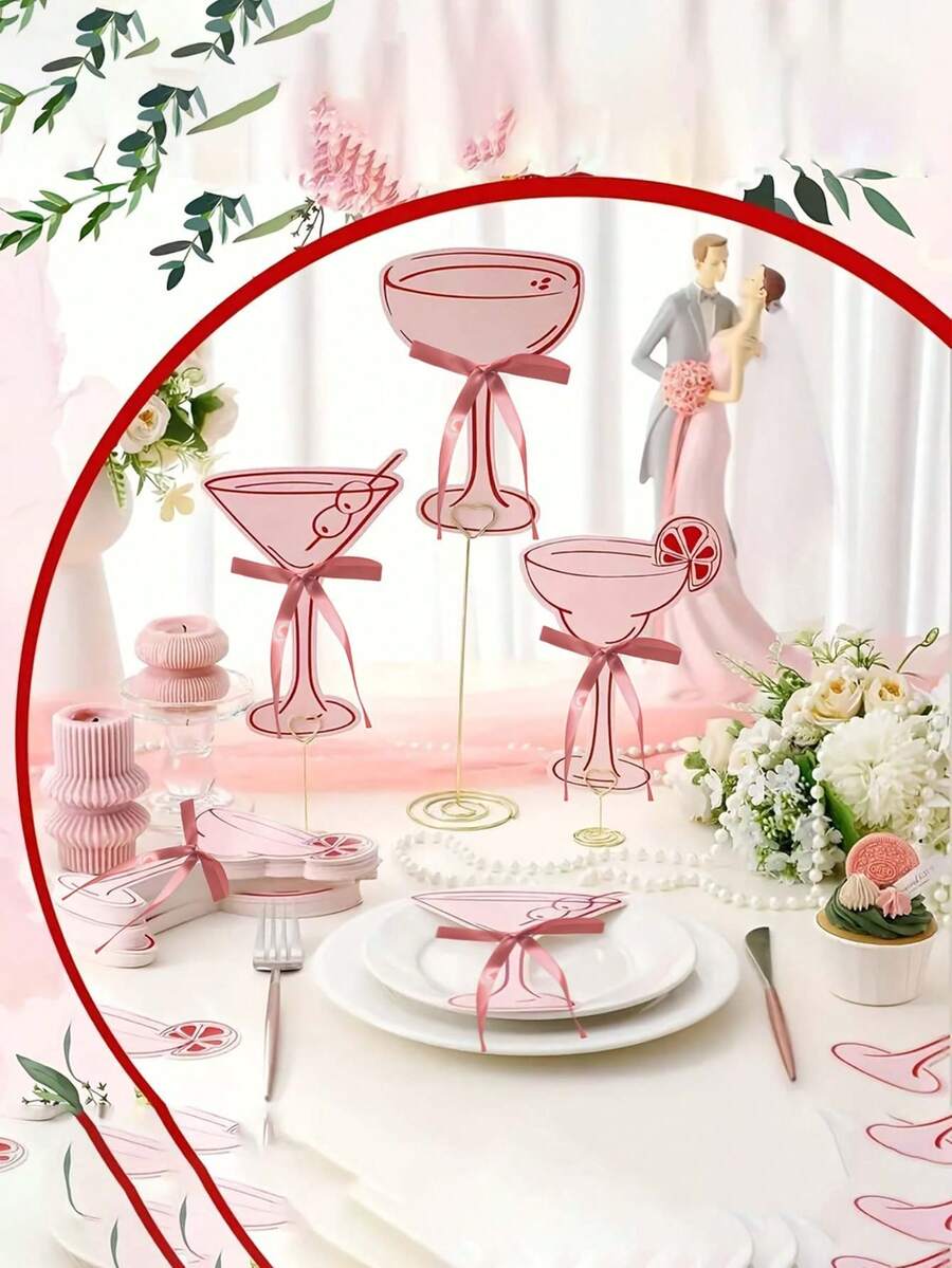 A Set Of 10 Pink Cocktail-Themed Place Cards, Including 5 With Bows - 3 Different Card Designs, Suitable For Use As Tablecloth Place Cards, Business Cards, Table Numbers, Wedding Seating Charts, Etc. - View 1