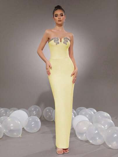 New Sexy Sleeveless Bodycon Dress With Tie Waist, Luxury Sparkling Rhinestone Design Backless Gown, Fashionable Elegant Party Wedding Formal Dress For Women