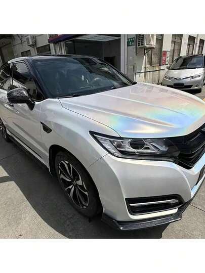 1 Rollo de película de vinilo arcoíris holográfica blanca para envolver automóviles, autoadhesiva, resistente al agua, resistente a los rayos UV, adecuada para decoración exterior e interior de vehículos, resistente a altas temperaturas, aplicable a varios modelos de automóviles, apariencia exquisita