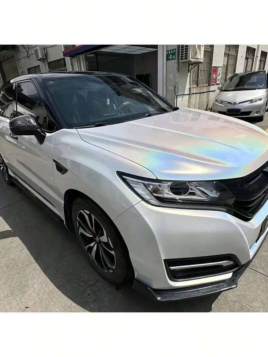 1 Roll Rainbow Holographic White Car Wrap Vinyl Film, Self-Adhesive, Waterproof, UV-Resistant, Suitable For Vehicle Exterior And Interior Decoration, High Temperature Resistant, Applicable To Various Car Models, Exquisite Appearance - One Size Fits All - View 1