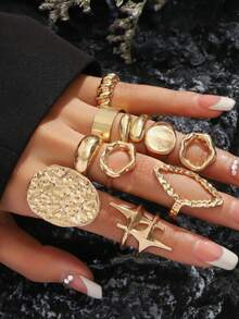 Bộ 10 chiếc nhẫn vàng cổ điển dày dặn, có thể xếp chồng lên nhau, kiểu dáng Bohemian hình ngôi sao và trăng lưỡi liềm xoắn, trang sức đeo ngón tay độc đáo, bất đối xứng, quà tặng dự tiệc cho nữ. - Vàng - Xem 1