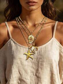 Znice 2026 New 18K Gold Plated Stainless Steel Ocean Series Starfish, Turtle, Shell Enamel Pendant Necklace, Suitable For Layering, Single Wear, Beach Vacation, Mother's Day Gift, Valentine's Day Gift, Durable Jewelry, Waterproof And Fade-Resistant - Gold - View 2
