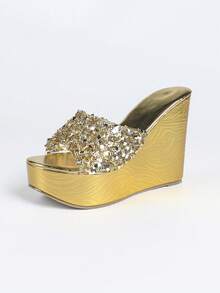 Women's Wedge Sandals, Thick Sole, Rhinestone Decor, Plus Size Fashion Slippers - Gold - View 8