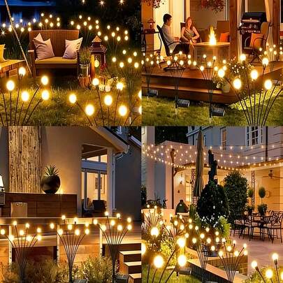 太阳能户外灯（4 种型号：6、8、10 或 12 个 LED 灯） - 萤火虫造型感应灯。配备自动黄昏到黎明感应器。非常适合用于庭院、小径、花园装饰，以及情人节和圣诞节装饰。暖白光。