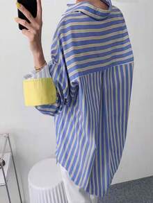 Women's Oversized Striped Button-Up Shirt, Loose Fit Contrast Color Cuff Casual Long Sleeve Top, Suitable For Daily And Streetwear Spring - Blue - View 6