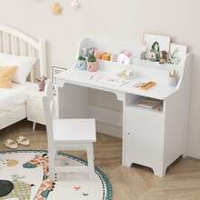 Juego de computadora y Silla para niños, computadora de Estudio para niños con Cabina, gabinete de Almacenamiento, Mesa Estudio de Madera para niños, computadora de Escritura para. - Blanco - Ver 6