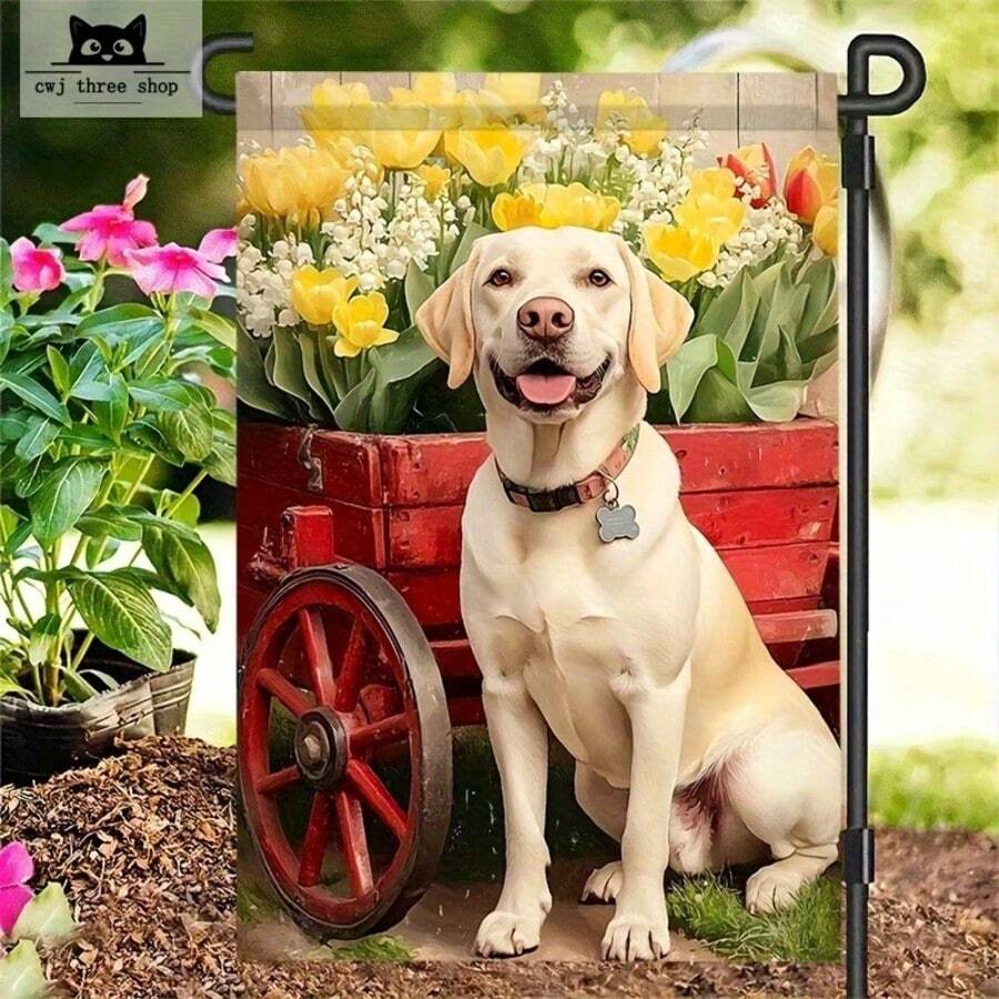 2D Flat - 2D Flat - 1pc A 12X18 Inch Double-Sided Garden Flag Featuring An Adorable Yellow Labrador Puppy Surrounded By Tulips And Daffodils. Made From Durable Polyester - A - View 1