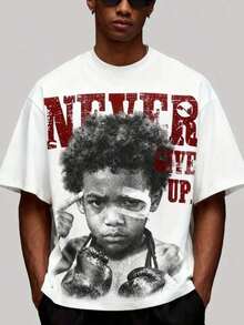 Vintage T Shirts Men, Never Give Up Little Boxer Head Retro Print, 100% Cotton Crew Neck Short Sleeve, Y2K Hip Hop Street Style, Big And Tall,   For Men - 白色 - 查看 2