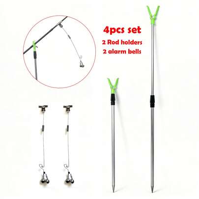 4Pcs/Set Fishing Rod Holder And Alarm Bells Set - 2Pcs Telescopic Fishing Rod Holders (50-80cm) With 2Pcs Sensitive Fishing Bite Alarms, All-Metal Triple-Spring Fishing Bells For Bank Fishing, Night Fishing, Freshwater & Saltwater Fishing Accessories
