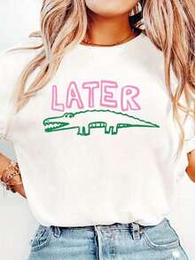 Women's Funny Later Gator T-Shirt - Sarcastic "Later" Crocodile Graphic Tee In White & Pink - Lightweight Everyday Shirt For Women - Machine Washable Casual Top, Allseason Apparel, Playful Graphic Shirt, Comfortable Fit ShirtBreathable All-Season Round Neck Printed T-Shirt - 白色 - 查看 1