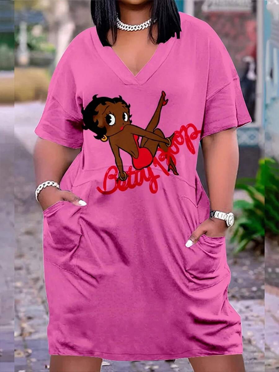 Plus Size Women's Beach Dress 3D Outdoor Fashion Casual Loose Plus Size Women's V-Neck Mid-Sleeve Dress - 粉色 - 查看 1