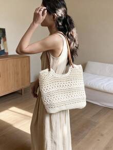 2026 New Handmade Woven Large Capacity Shoulder Beach Bag, Fashionable Tote Bag For Summer Vacation, Versatile Shoulder Bag - White - View 5