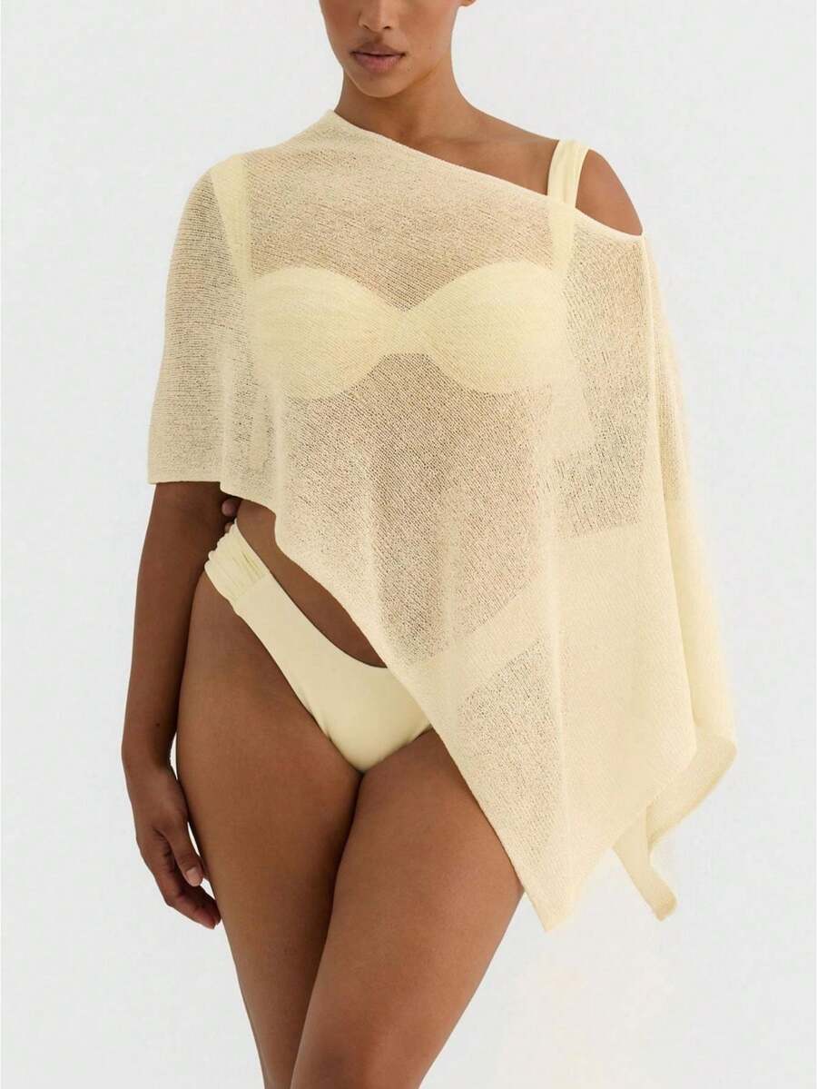 Women's Sheer Poncho Top, Lightweight Cover-Ups Crochet Shrug Bolero Mesh Knit Top,See-Through Off Shoulder Solid Color Irregular Knitted Loose Pullover, Boho Batwing Sleeve Sweater Cover Up Beachwear,Boho Aesthetic  Going Out Streetwear,Beach Wear,Rave Outfit,Concert Outfit,Summer Vacation Outfits,4th Of July Outfit Women - 黃色 - 查看 1