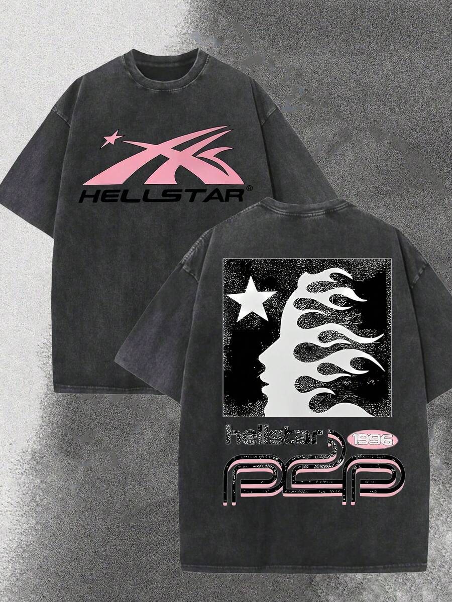 Hellstars Pink Star Print Vintage Washed T-Shirt Double Sided Printed (230g 100% Cotton T-Shirt),Spring Clothes, Men's Tops, Casual And Comfortable, Fashionable T-Shirt, Unisex Style - 黑色 - 查看 1