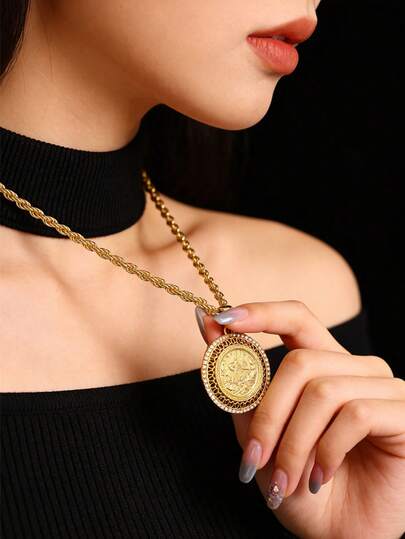 1pc Vintage Middle Eastern Style Gold-Plated Alloy Women's Necklace With Hollow Carved Coin Pendant, Unisex Design For Wedding, Party Or Daily Wear