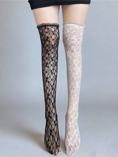 1 Pair Spring/Summer Japanese Lace Trim Mesh Socks, Korean School Style Ruffle Socks, Black & White Thin Cute Hollow Floral French Aesthetic Socks, JK Thigh High Sexy Stockings