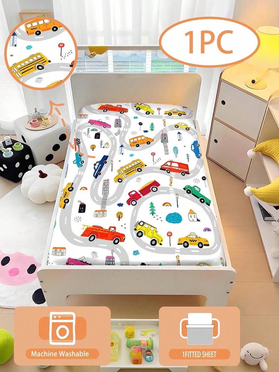 1 pieza 110g Sábana ajustada con diseño de transporte de dibujos animados, sábana de cama linda para habitaciones infantiles, sábanas de cama para bebés, sábanas de cama para niños, sábanas de cama para bebés con estampado, sábanas de cama con impresión 3D de dibujos animados, adecuadas para habitación infantil, cama de niños, guardería, cuna de bebé y cochecito, 100% poliéster (1 sábana, sin material de relleno), altura del borde de la sábana de 15 cm - Multicolor - Ver 1