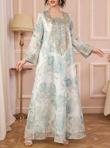 Solessence Siskakia穆斯林女士优雅派对礼服，花卉亮片方领长袍，奢华设计 - 白色 - 查看 2