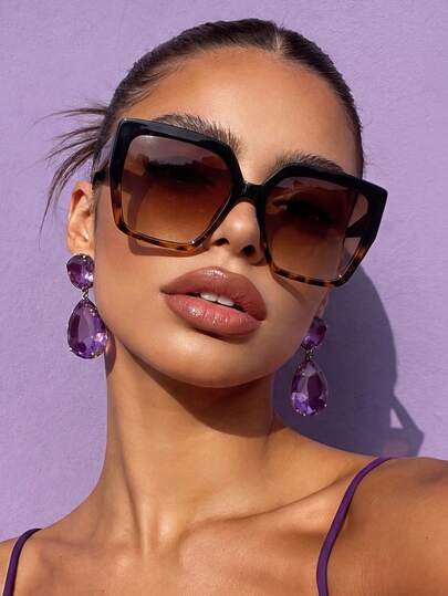 1 Pair Large Square Leopard Print Colorblock Fashion Glasses, Suitable For Outdoor Travel, Beach, Vacation, Unique And Stylish, Ideal For Weddings, Beach Parties, Galas And Outdoor Activities