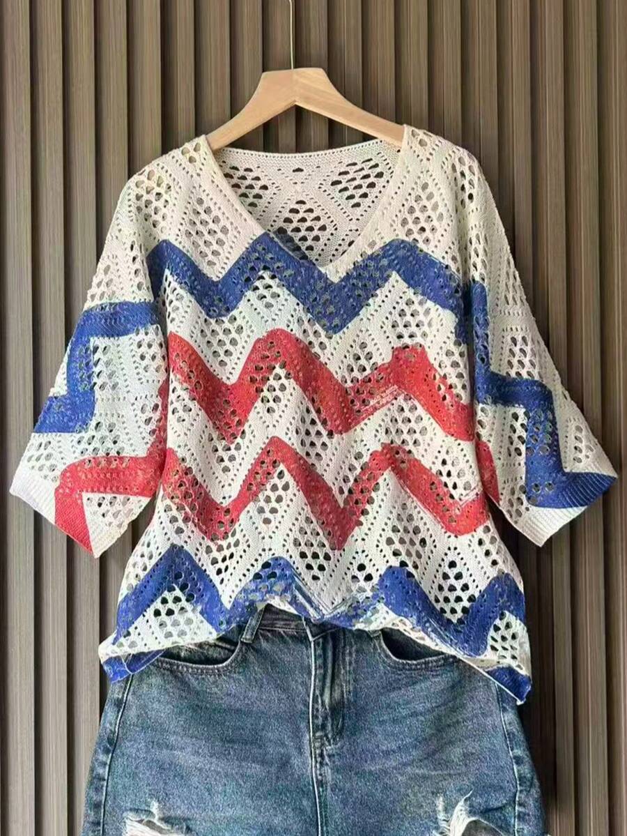 Sweater Rajut Cetak 3D Modis untuk Wanita, Cocok untuk Liburan Musim Panas - Biru - View 1