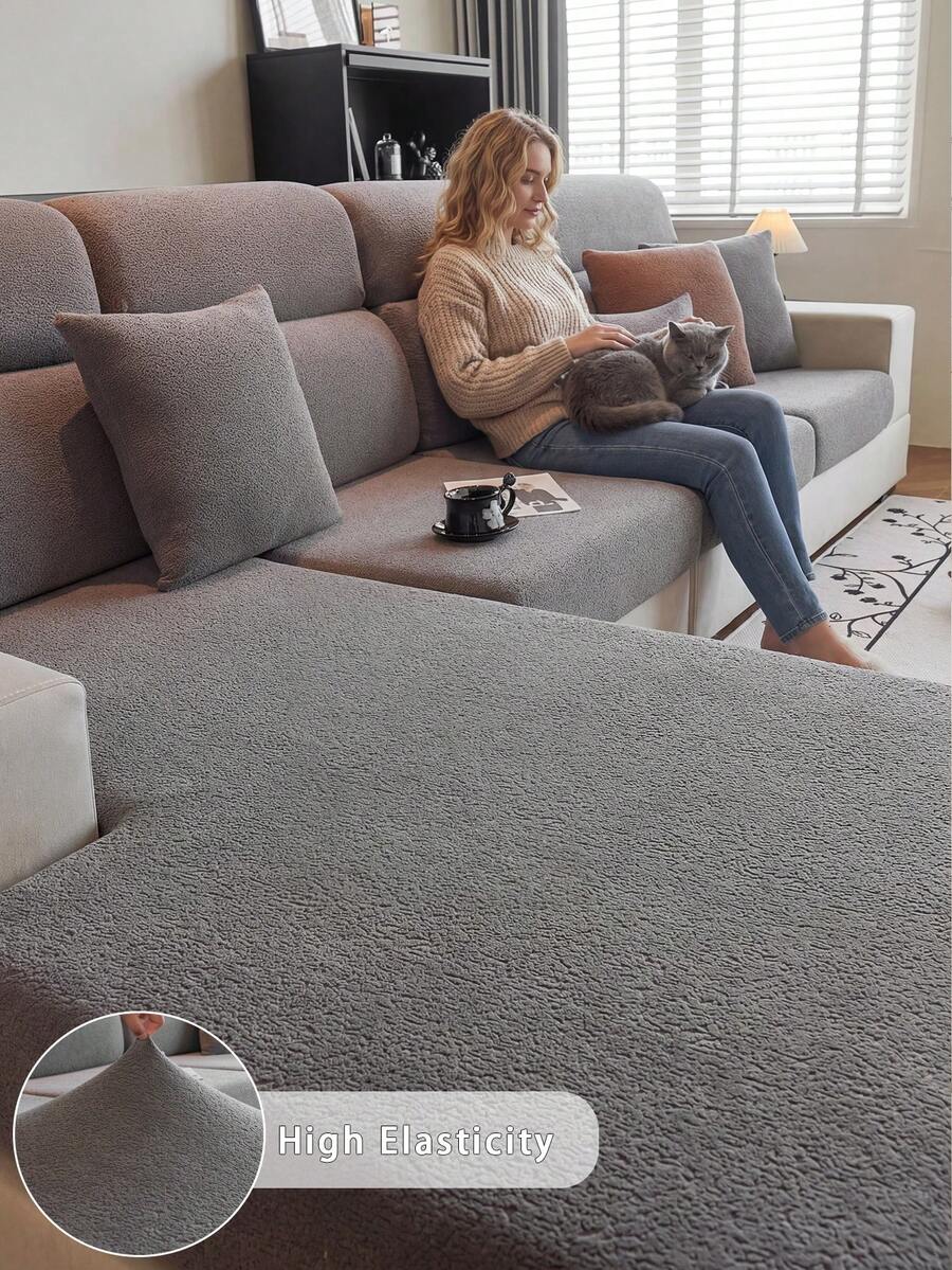 1pc Plush Jacquard Anti-Slip Sofa Seat Cushion Cover, Soft & Skin-Friendly, Pet-Proof, Elastic Sofa Slipcover, Suitable For L-Shaped Sofa And 1/2/3/4 Seater Sofa, Applicable For All Seasons (Sold Individually) - Dark Grey - View 1