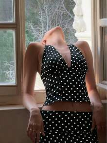 Bộ đồ nữ chấm bi phối màu tương phản thanh lịch dự tiệc thường ngày nghỉ lễ phong cách Y2K hở lưng cổ yếm buộc dây viền bèo nhún, màu đen quyến rũ và thời trang mùa xuân/hè. - màu đen - Xem 3
