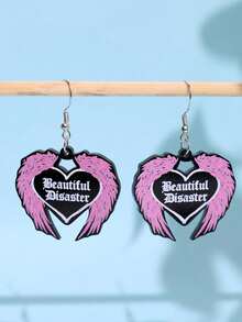 一对创意趣味独特时尚优雅精致可爱卡通爱心翅膀标语亚克力吊坠耳环，适合女性日常佩戴、节日和派对场合。 - 彩色 - 查看 2