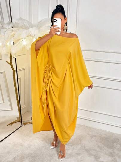 AIJ Amarilo Women's Solid Color Round Neck Batwing Sleeve Dress - Tie Waist Ruffle Drawstring Design, Elegant, Spring/Summer
