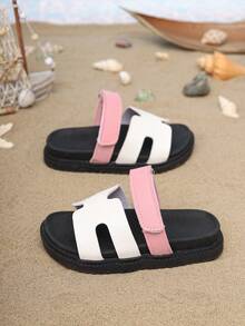 1 Pair Summer Kids Flat Thick Sole Slide Sandals, Fashion Versatile Hook And Loop Design Slip-On Girls Slippers, Suitable For Outdoor, Party, Beach - Pink - View 7