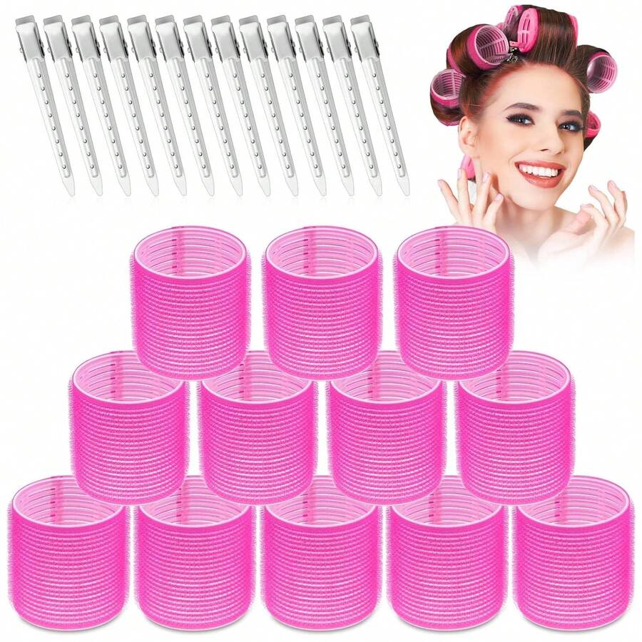 24 Pieces With 12 Large Rollers And 12 Clips For Voluminous Long Thick Hair (Hot Pink) - Multicolor - View 1