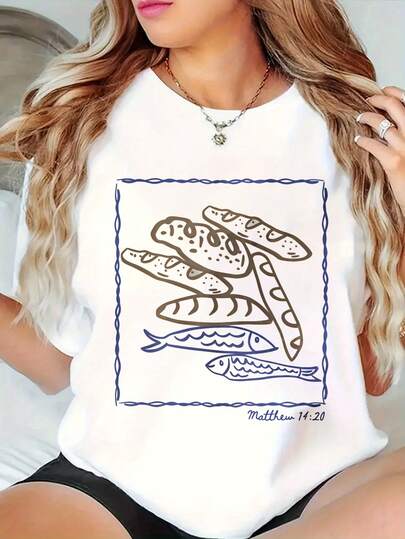 Crew Neck Graphic Cotton T-Shirts For Women, Fish And Loaves Pattern Print  Oversized Casual Short-Sleeved T-Shirts, Unisex Tees, Spring And Summer Fashion Women'S Top T-Shirts