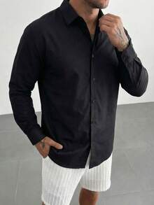 男士纯黑色正装商务衬衫，休闲都市通勤之选 - 黑色 - 查看 3