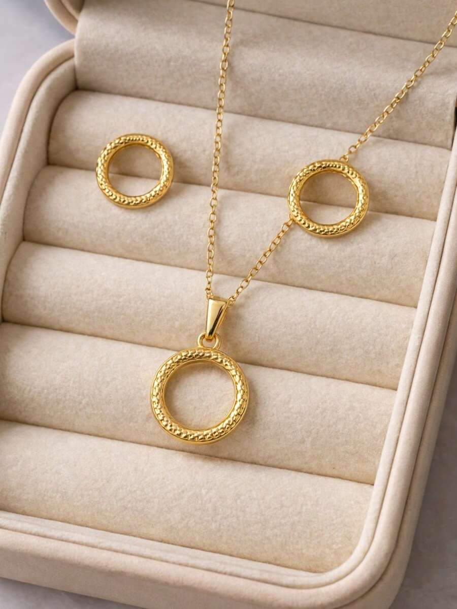Elegant Women's Gold And Silver Zirconia Circle Necklace And Earring Set - Đính đá - Xem 1
