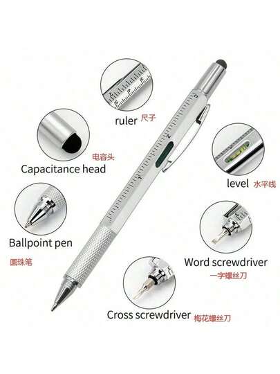 1pc Multi-Function Tool Pen, 6-In-1 Including Level, Ruler, Stylus, Flathead & Screwdriver, Ballpoint Pen