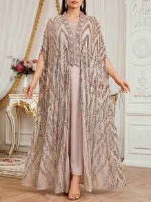 Solessence Plus Size V-Neck Batwing Sleeve Robe, Asymmetric Contrast Sequin Applique, Non-Stretch Fabric, Elegant Women's Dignified 2-Piece Dress Set - Apricot - View 1