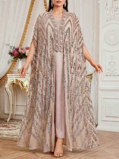 Solessence Plus Size V-Neck Batwing Sleeve Robe, Asymmetric Contrast Sequin Applique, Non-Stretch Fabric, Elegant Women's Dignified 2-Piece Dress Set