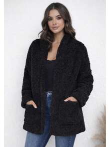 Women's Warm Plush Teddy Casual Jacket With Pockets - Autumn/Winter - 黑色 - 查看 1
