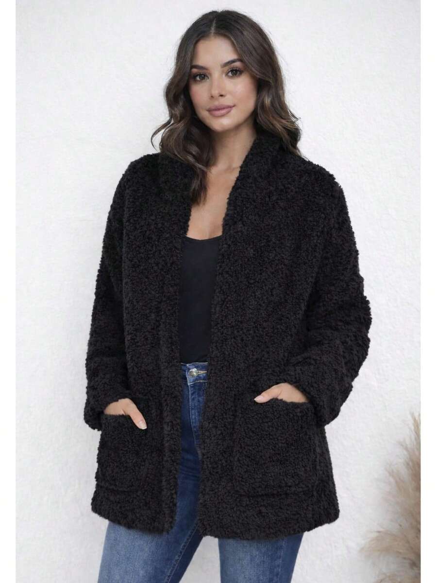 Women's Warm Plush Teddy Casual Jacket With Pockets - Autumn/Winter - 黑色 - 查看 1