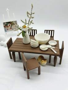 Mesa de Jantar Miniatura de Plástico Impressa em 3D, Decoração de Móveis de Micro Casa de Bonecas, Acessórios Modelo Miniatura para Casa, Adereços de Cena de Restaurante de Casa de Bonecas, Mesa Pequena, Cadeira com Encosto, Vaso, Modelos de Móveis em Micro Escala, Adereços de Fotografia de Micro Cena - Mesa de nogueira - Visão 9