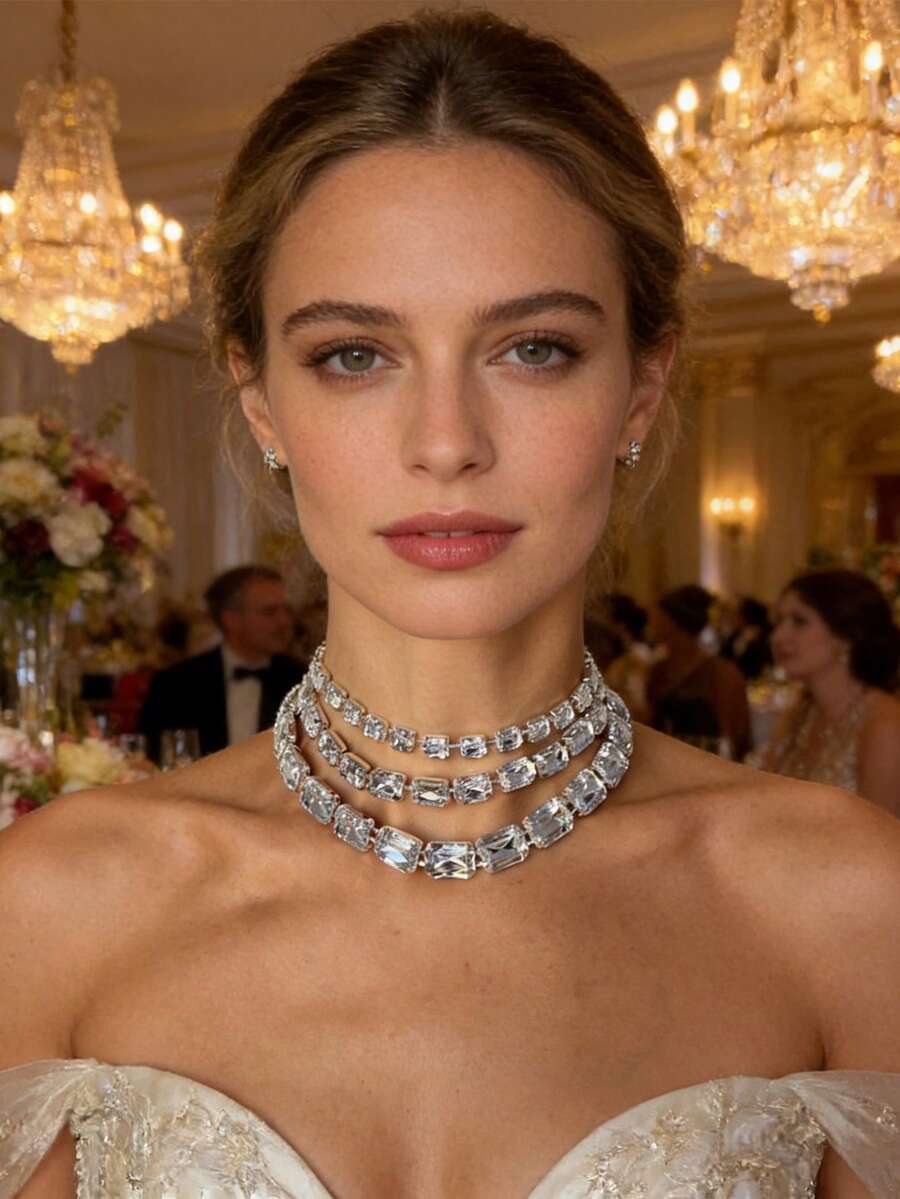 1 pieza Collar de mujer de lujo para banquete con cristales cuadrados, moda novia boda vestido elegante con borla brillante, disponible en dorado y plateado - Dorado - Ver 1