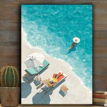 1 张幽默动漫风格艺术海报 - 描绘了一位戴着白色帽子的女子在享受日光浴，以帆布印刷品的形式呈现，营造出浓郁的度假氛围；无框墙饰。 - 海灘 - 查看 13