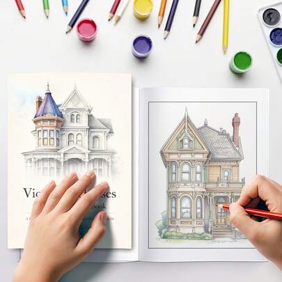 [1pc] 24-Page Victorian House Grayscale Coloring Book - Ideal For Architecture Enthusiasts, Art Lovers, And Stress Relief; Perfectly Suited For Mindfulness Practice, Relaxation, And Creative Expression, Featuring Exquisite Victorian Residential Designs