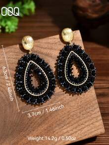 一对手工波西米亚风玻璃珠水滴耳环，简约时尚小众几何耳环，适合女性日常、度假、派对、情人节、母亲节、婚礼季、音乐节等场合佩戴（手工串珠颜色和数量随机排列） - 黑色 - 查看 2