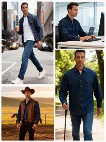 Men's Denim Cowboy Pearl Snap Casual Western Button Down Up Long Sleeve Work Shirts - Denim Blue 4 - View 4